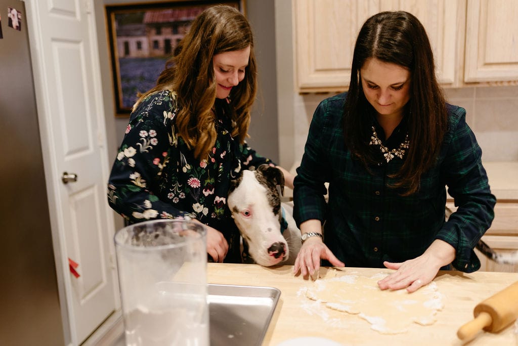 LGBTQ couple makes cookies in the kitchen with their great dane