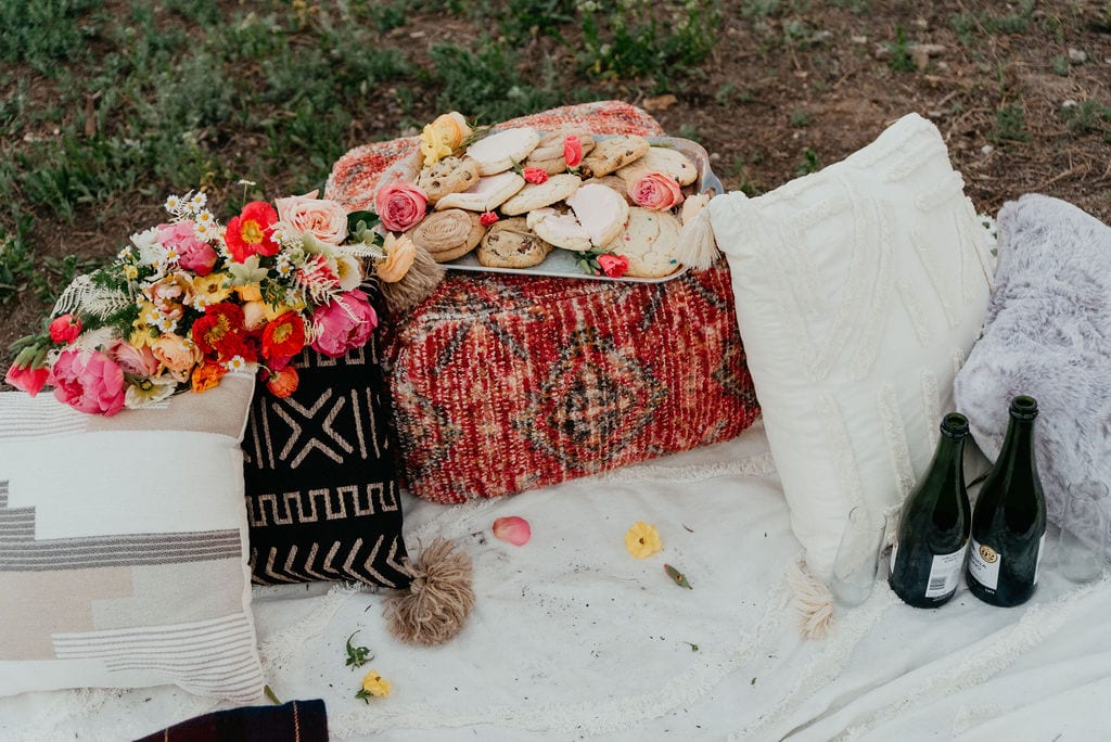 Picnic set up for your elopement with cookies and champagne