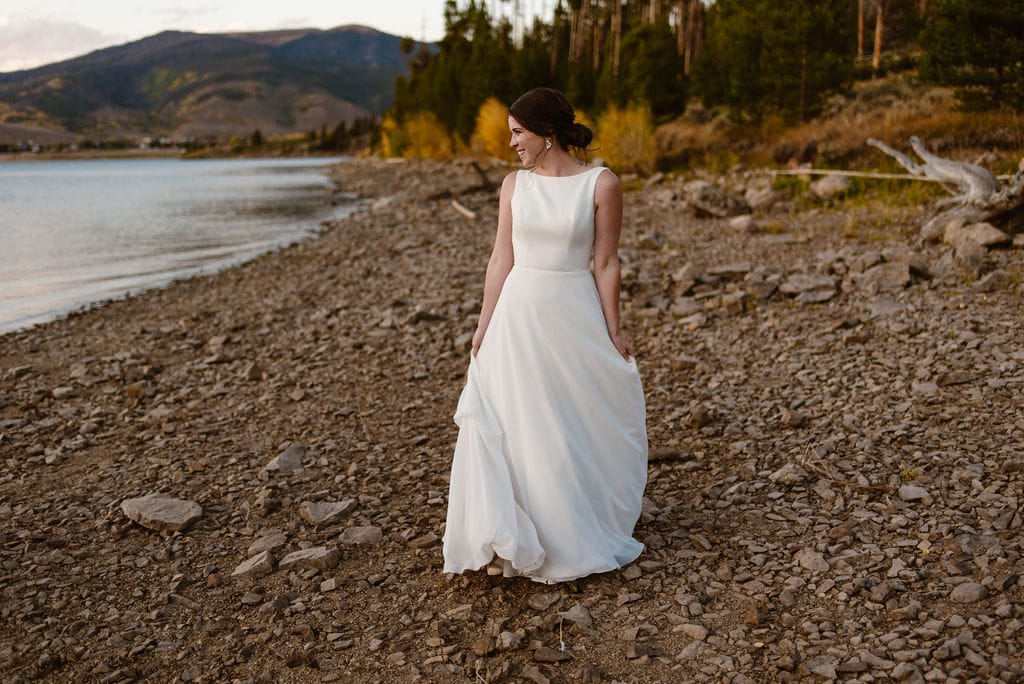 Sunset Wedding Day BRidal Portraits on the shore of Lake Dillon