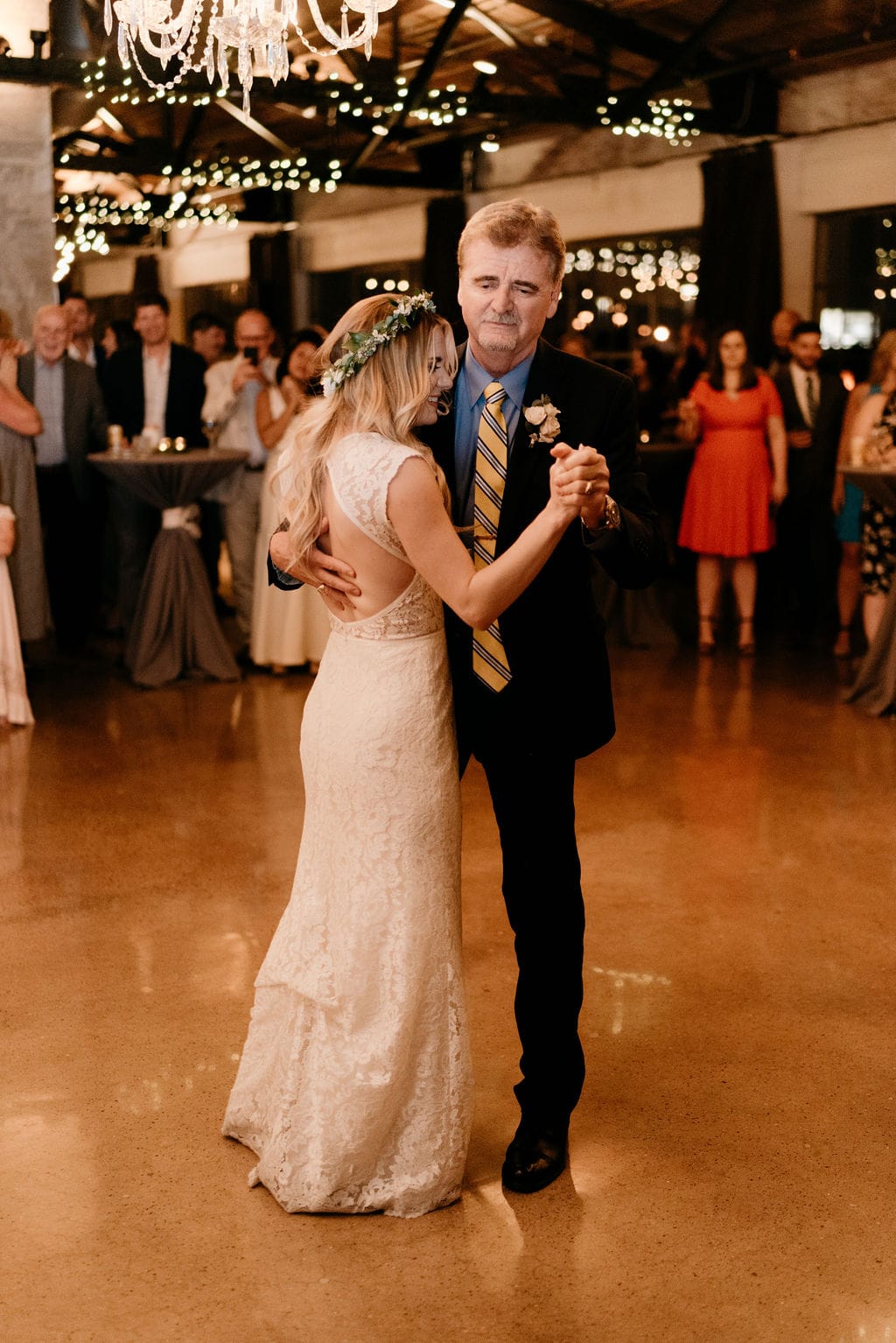 Father Daughter Dance between bride and groom at hickory street annex wedding reception in Deep ellum