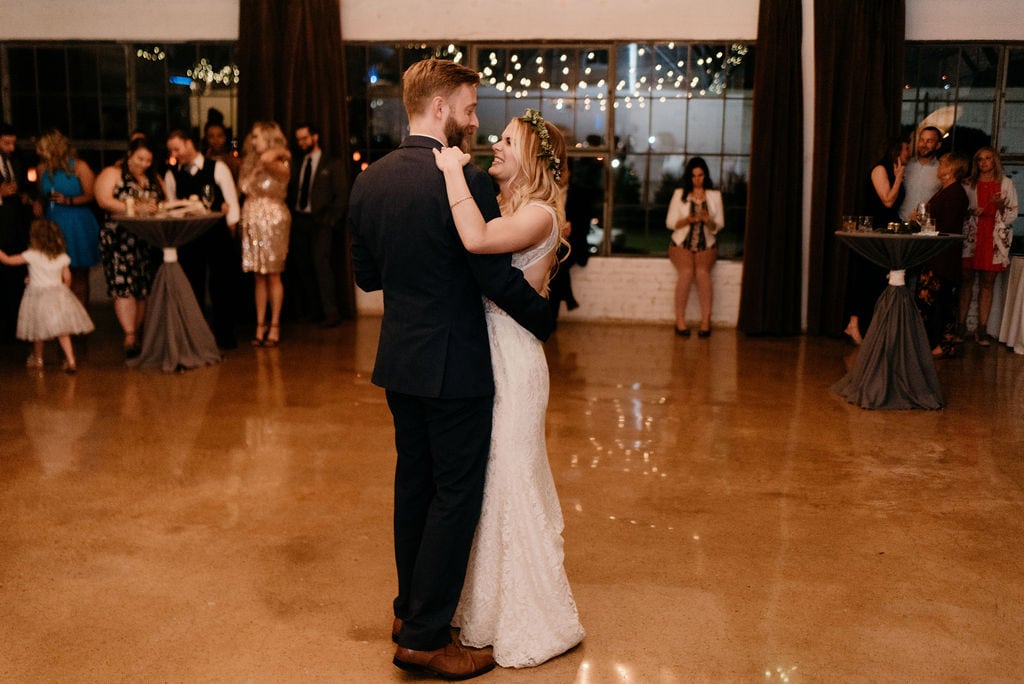 Husband and wife first dance at hickory street annex wedding reception