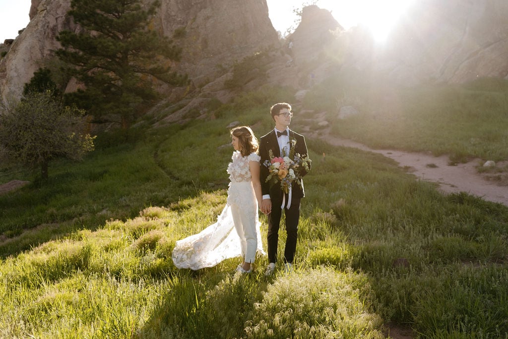 Romantic Bride and Groom Portraits in Settlers Park at Boulder Colorado Elopement