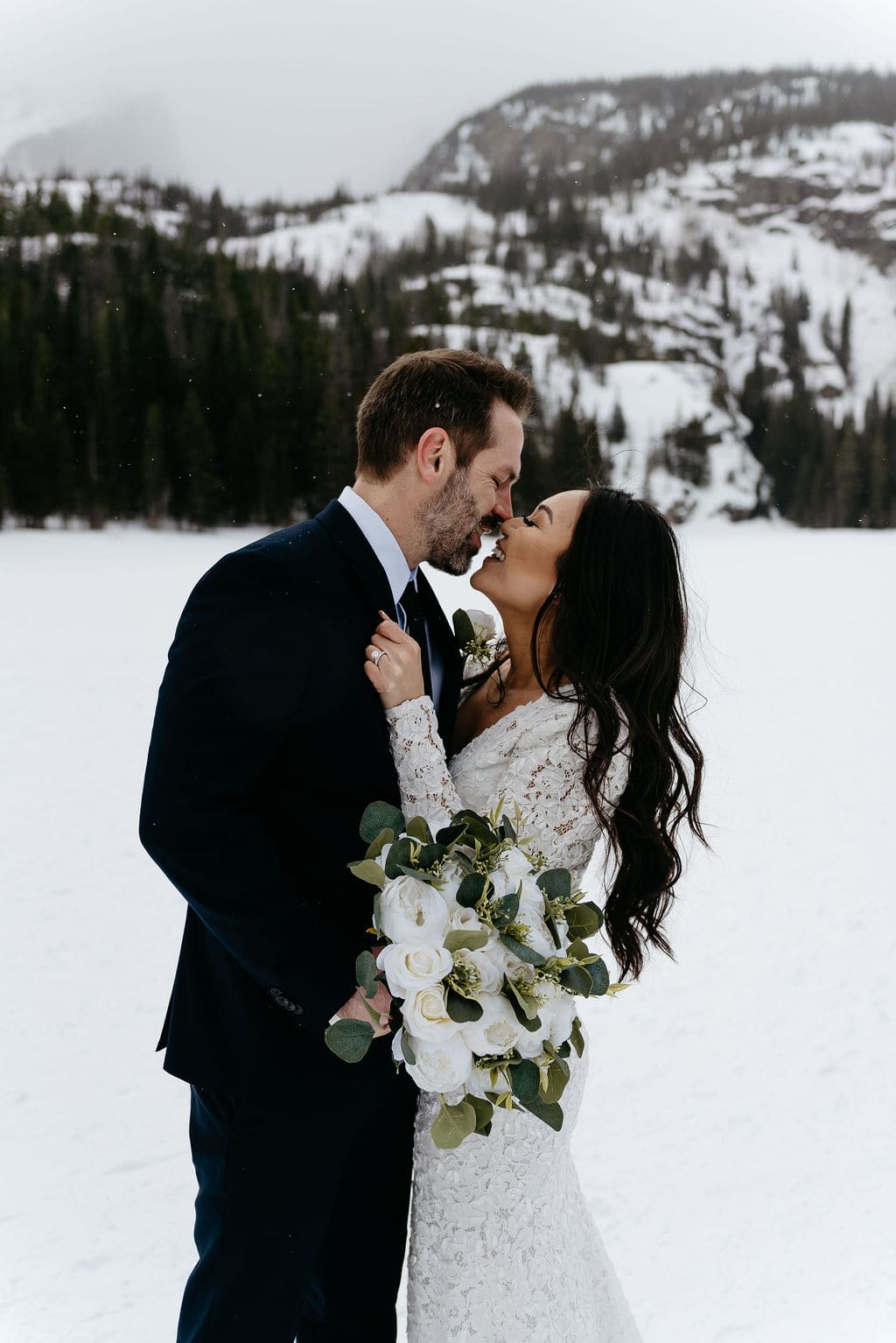 Windy and Snowy Winter Wedding Photos at Bear Lake RMNP