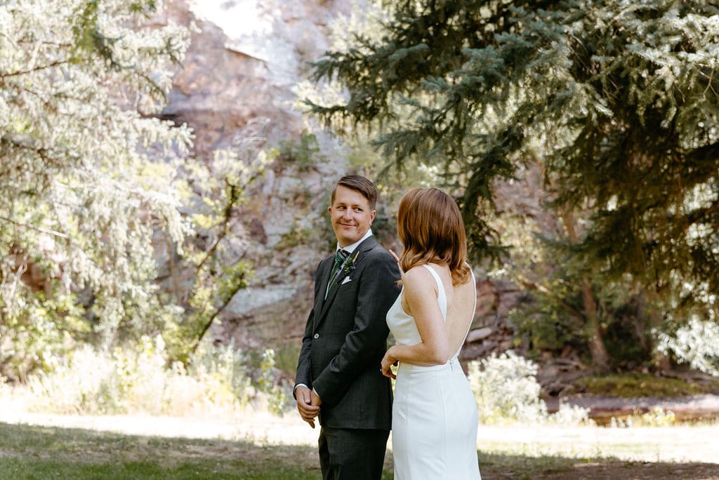 First look portraits at The River Bend wedding venue in Colorado 
