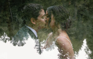 double exposure of wedding couple kissing