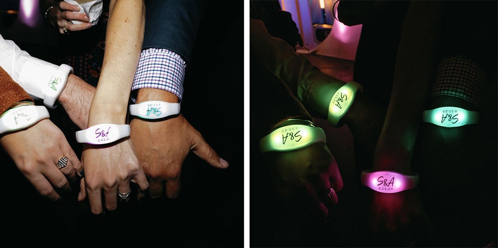 Light up bracelets customized with the couples initials for their wedding day DJ'd by ignight entertainment