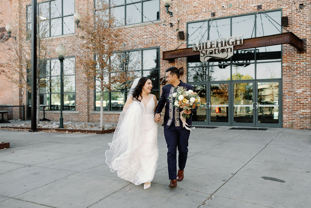 Bride and Groom Portraits at their Ironworks Wedding at Mile High Station in Denver 
