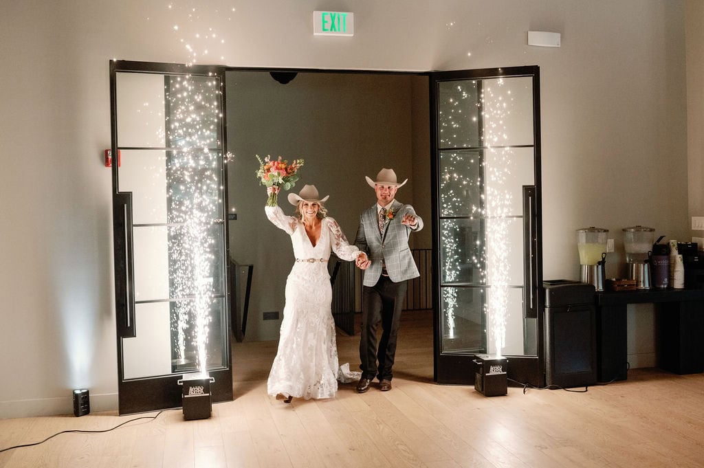 Mountain View Ranch Wedding Reception Entrance with cold sparklers