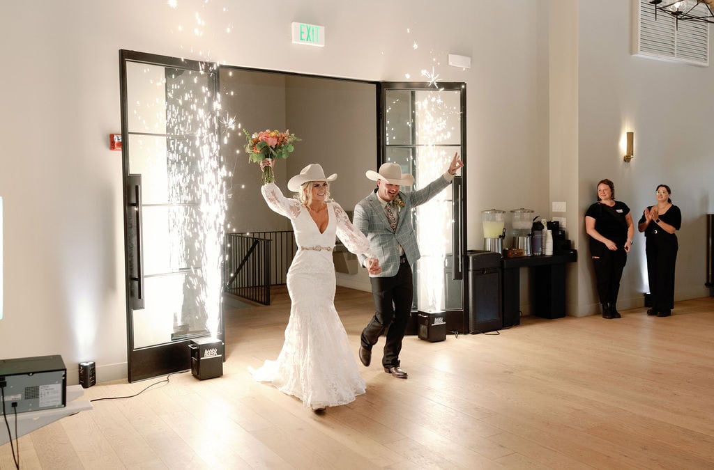 Mountain View Ranch Wedding Reception Entrance with cold sparklers