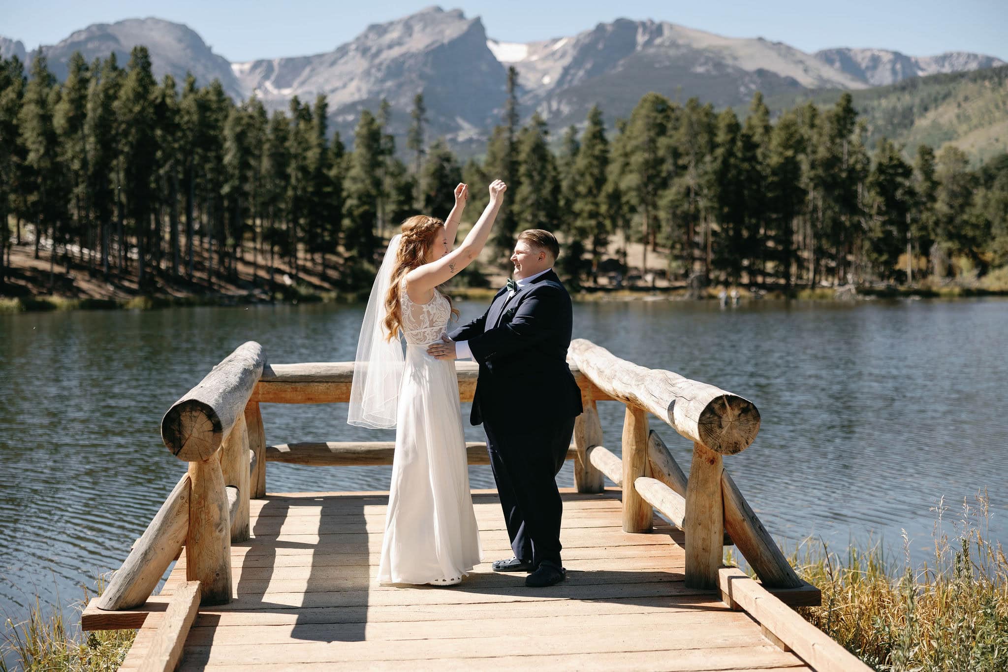The Happiest moment as two brides just took their first kiss at their sprague lake wedding in RMNP colorado