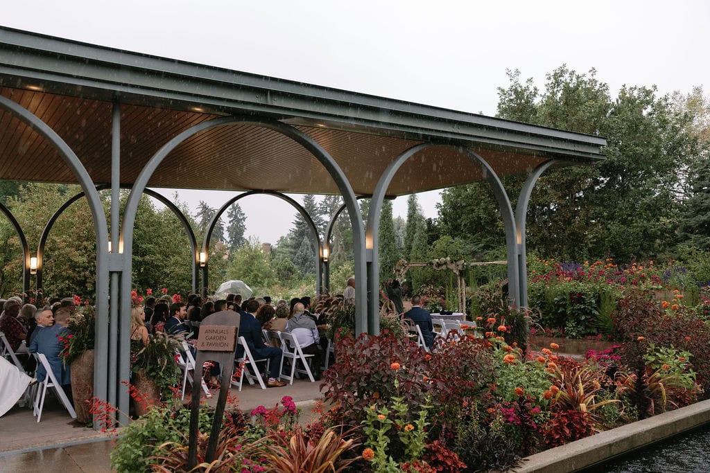 Rainy Denver Botanic Gardens Wedding Ceremony at Annuals Garden and Pavillion