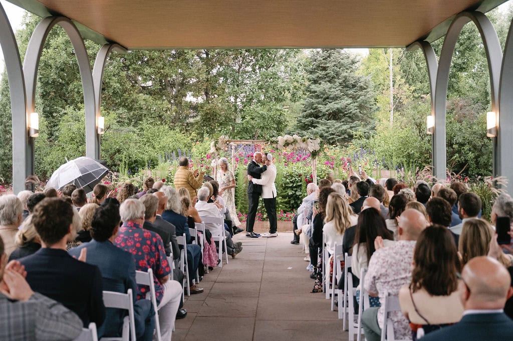 Rainy Denver Botanic Gardens Wedding Ceremony at Annuals Garden and Pavillion