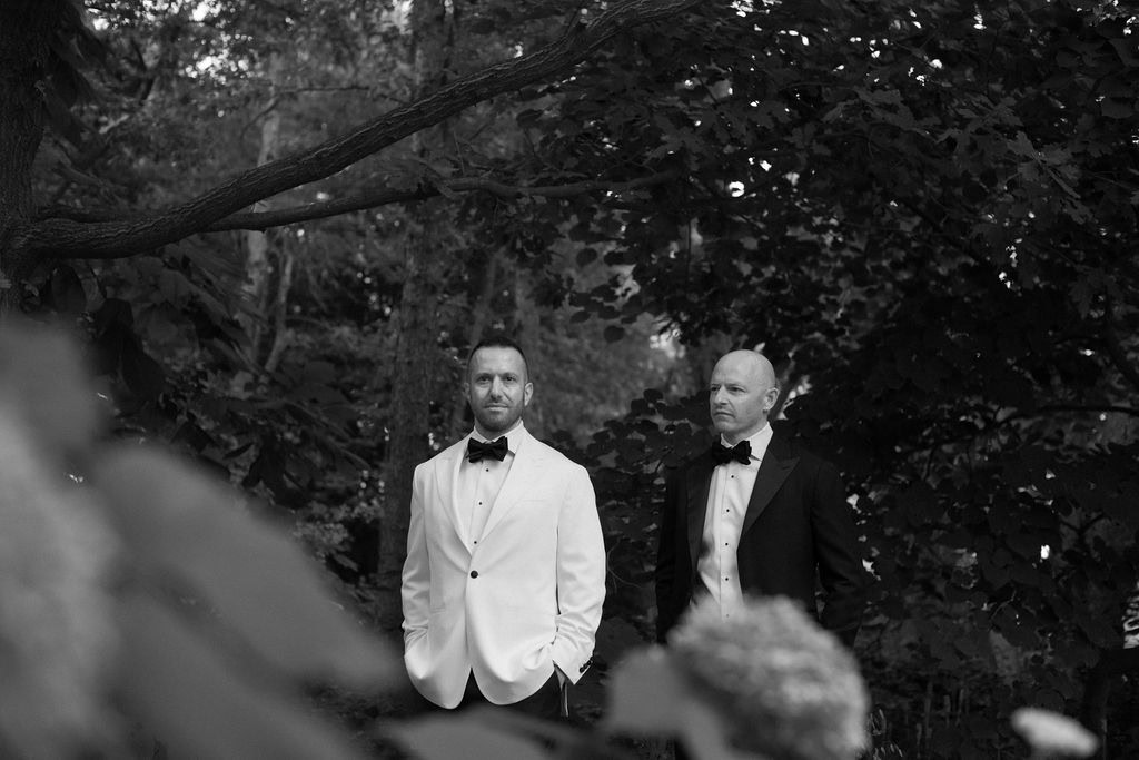Artsy black and white photo of Grooms at Denver Botanic Gardens Wedding