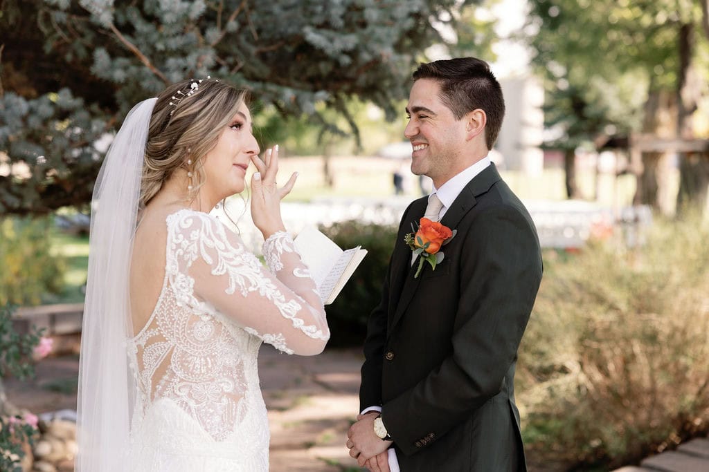 Bride cries as she reads private vows at her first look at shupe homestead