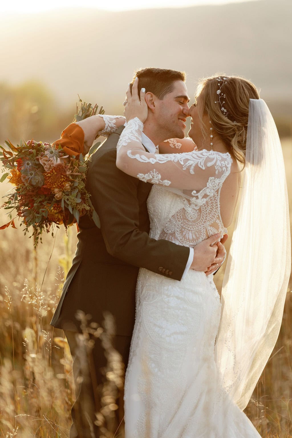 Gorgeous Sunset Bride and Groom Portraits at Shupe Homestead Wedding located near Boulder Colorado Foothills.