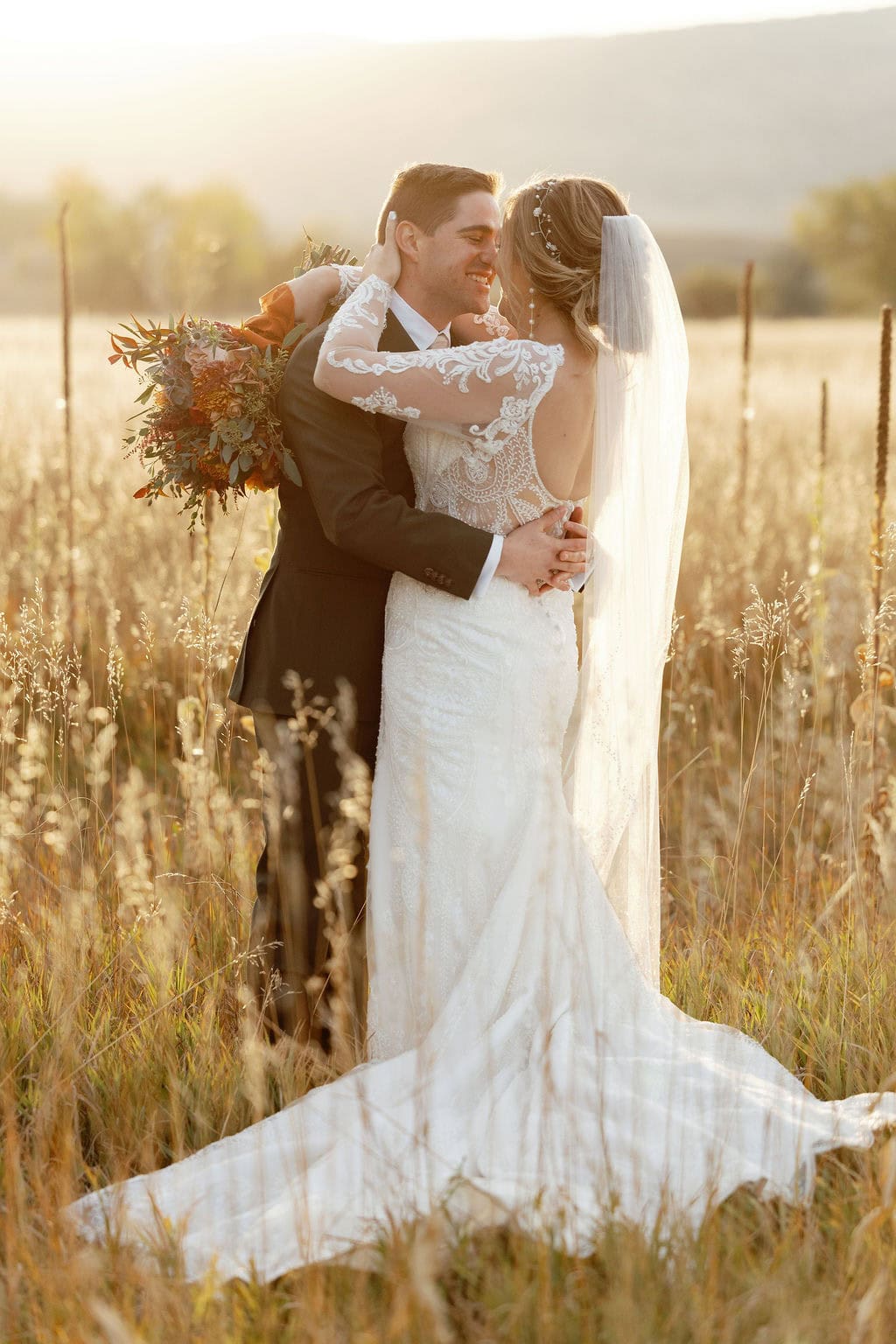 Gorgeous Sunset Bride and Groom Portraits at Shupe Homestead Wedding located near Boulder Colorado Foothills.