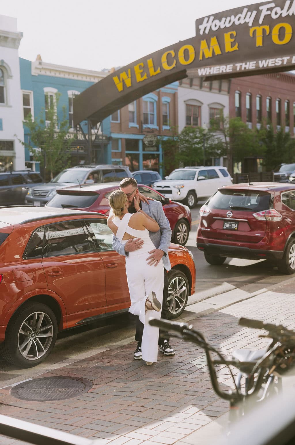 Natural and candid wedding welcome party portraits in downtown Golden, Colorado