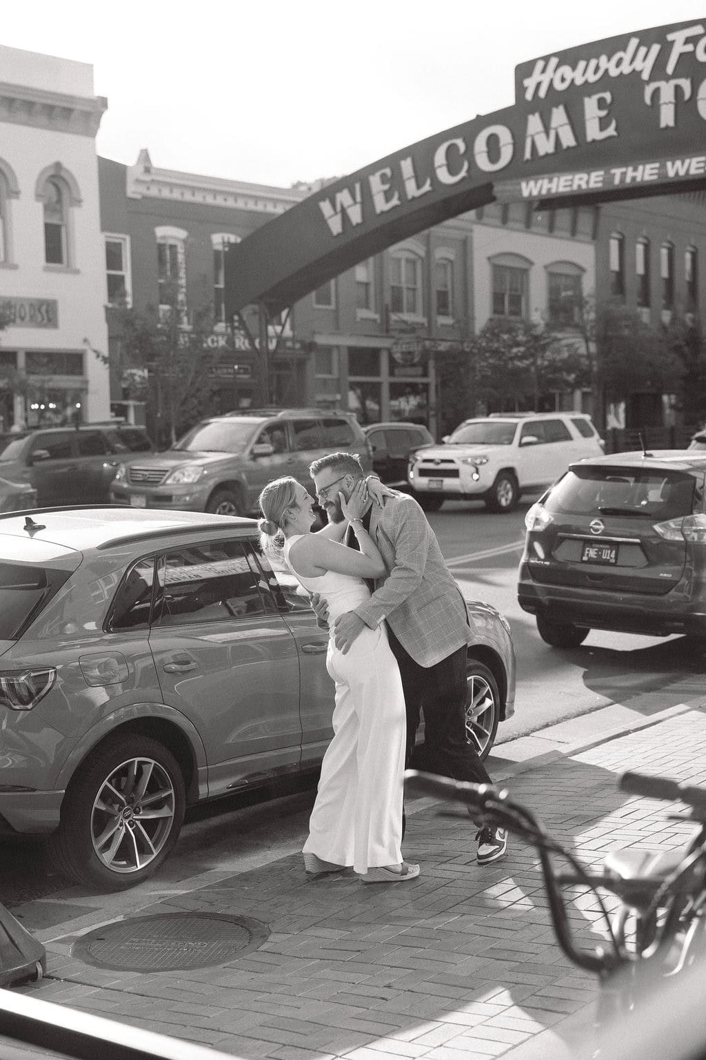 Natural and candid wedding welcome party portraits in downtown Golden, Colorado