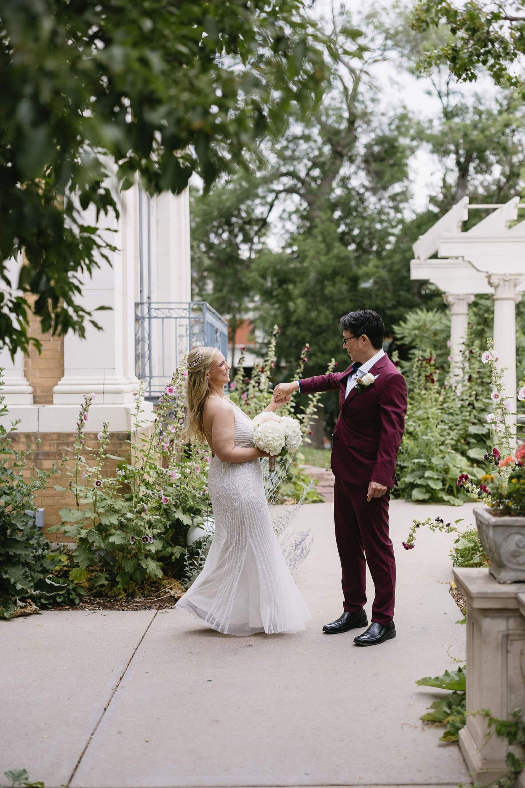 Portraits of Bride and Groom in the gardens at their Grant Humphrey's Mansion Wedding on a cloudy June morning.