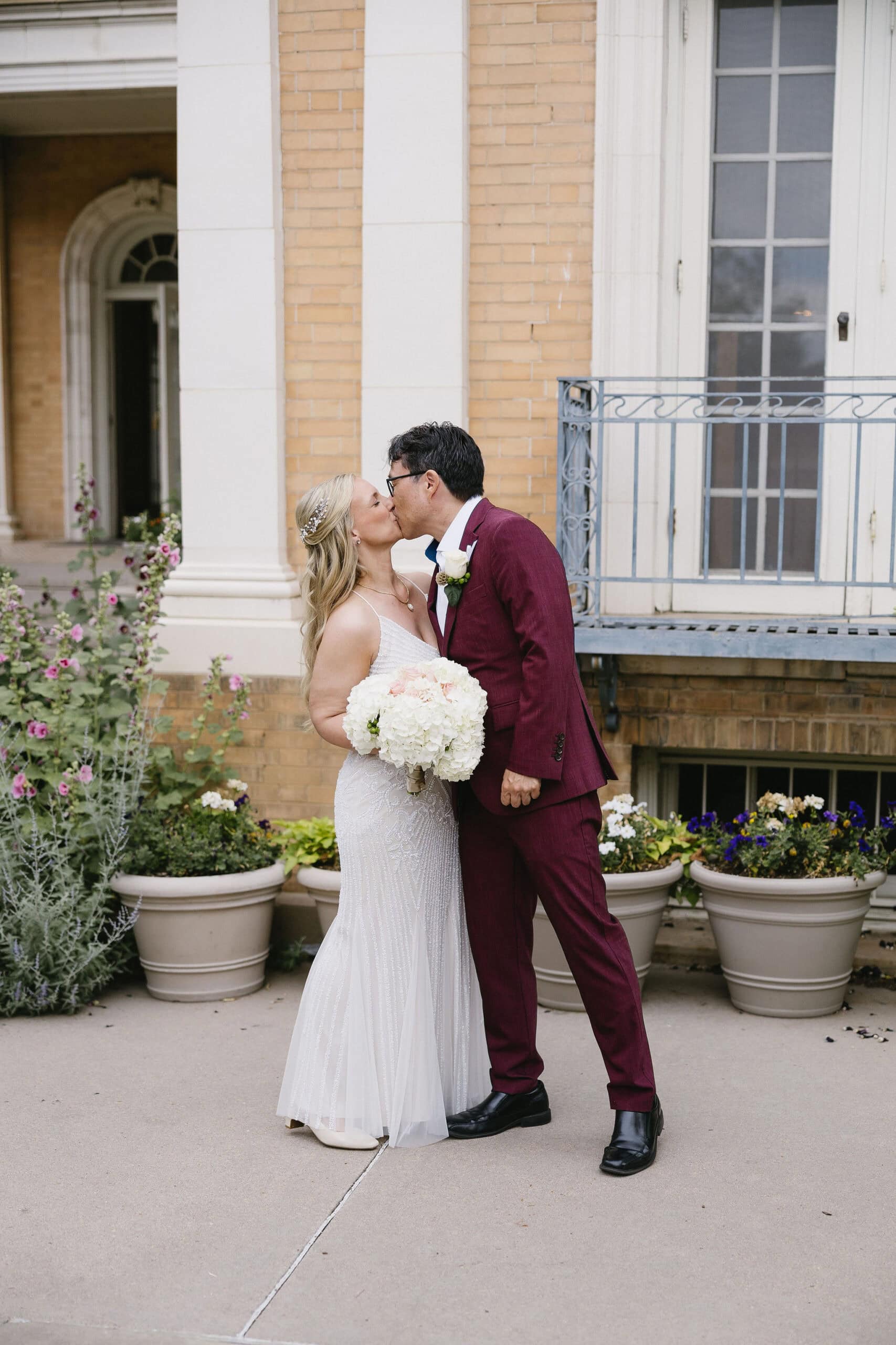 Romantic first look photos of Bride and Groom in the gardens at their Grant Humphrey's Mansion Wedding 
