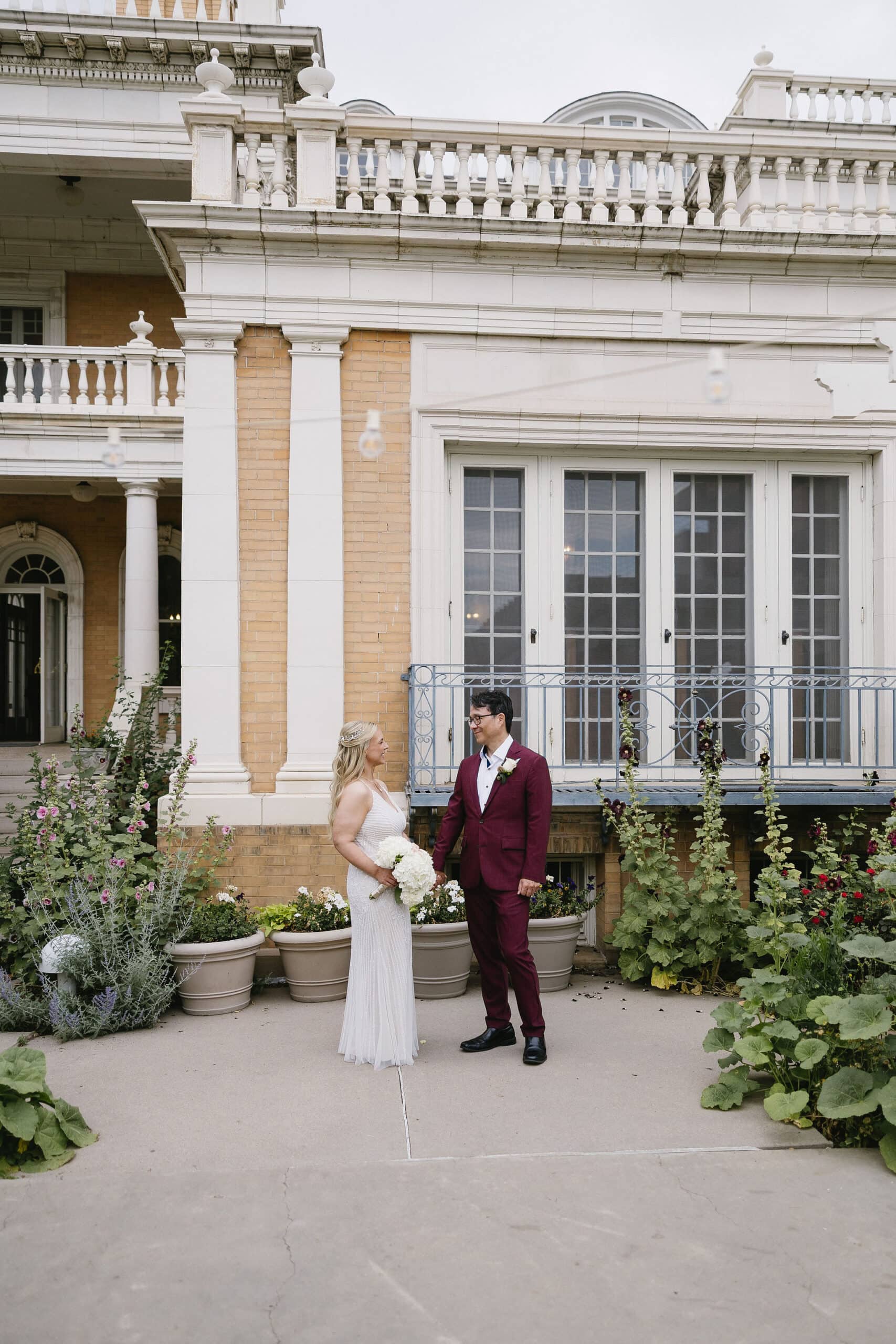 Romantic first look photos of Bride and Groom in the gardens at their Grant Humphrey's Mansion Wedding 
