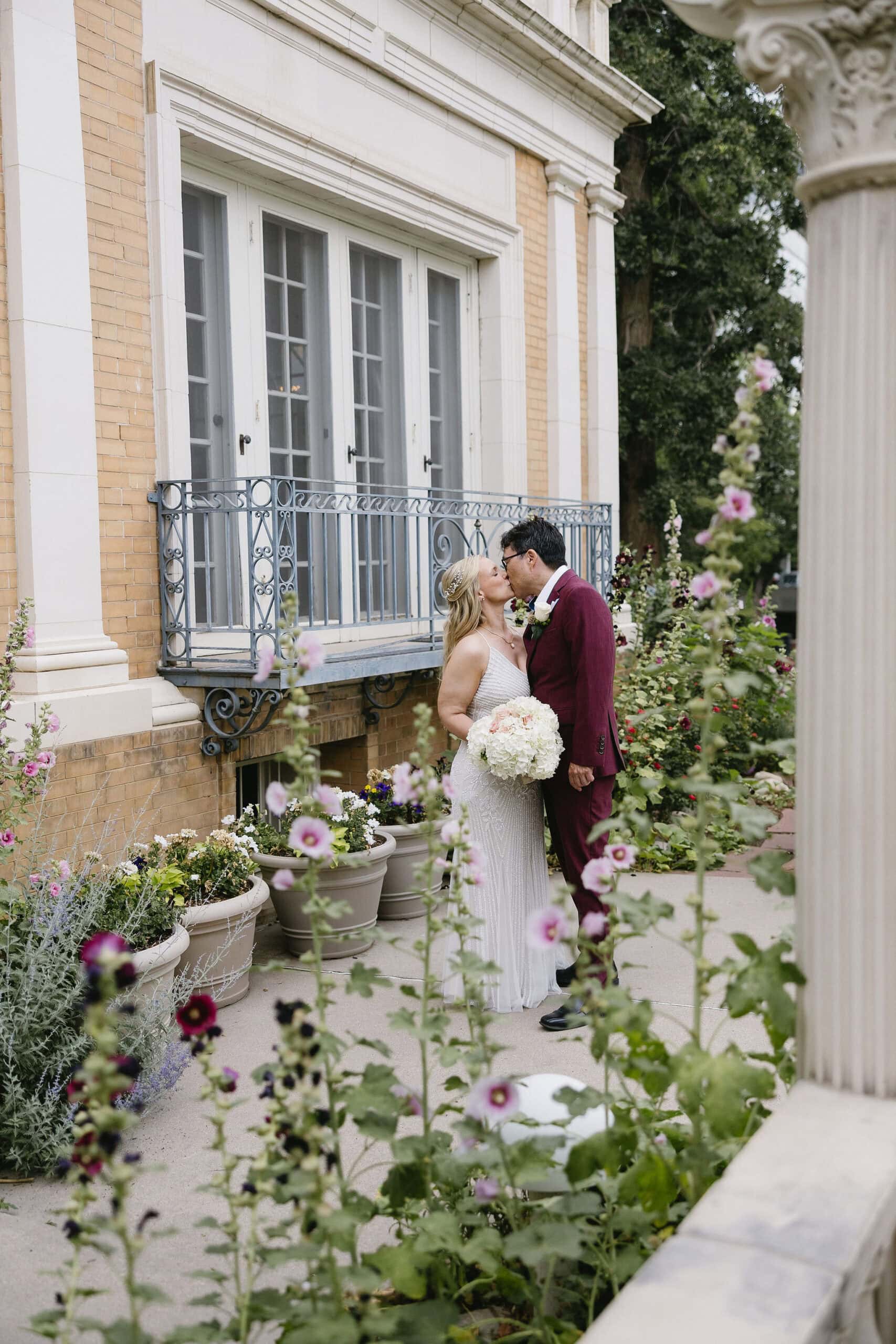 Romantic first look photos of Bride and Groom in the gardens at their Grant Humphrey's Mansion Wedding 