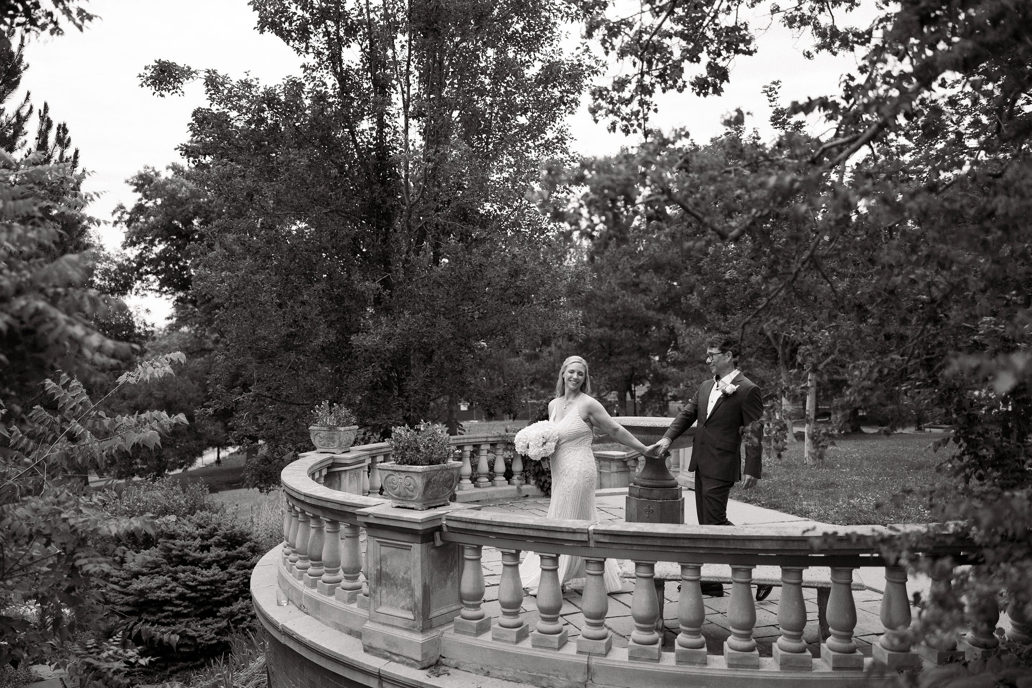 Portraits of Bride and Groom in the gardens at their Grant Humphrey's Mansion Wedding on a cloudy June morning.
