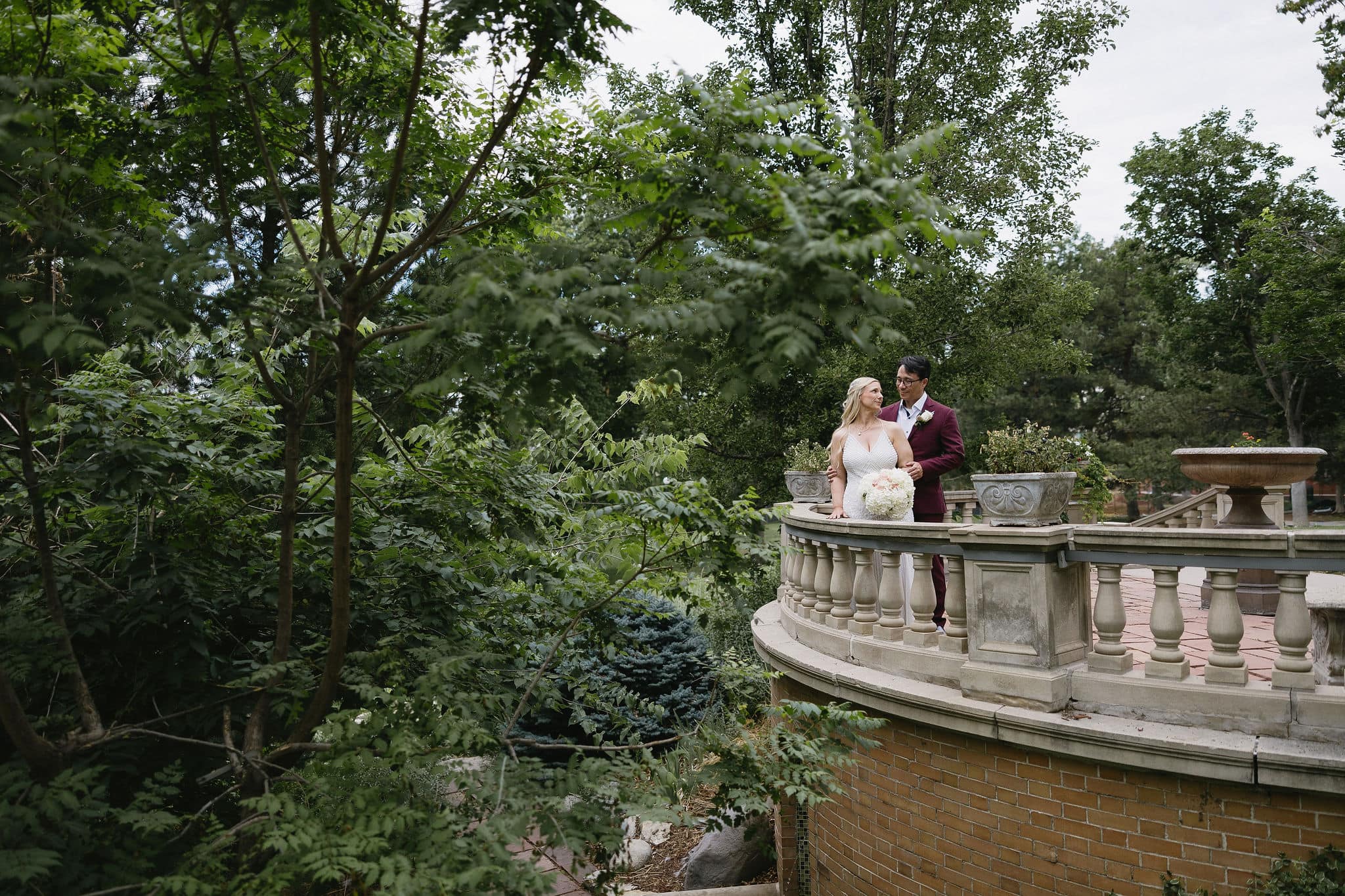 Portraits of Bride and Groom in the gardens at their Grant Humphrey's Mansion Wedding on a cloudy June morning.