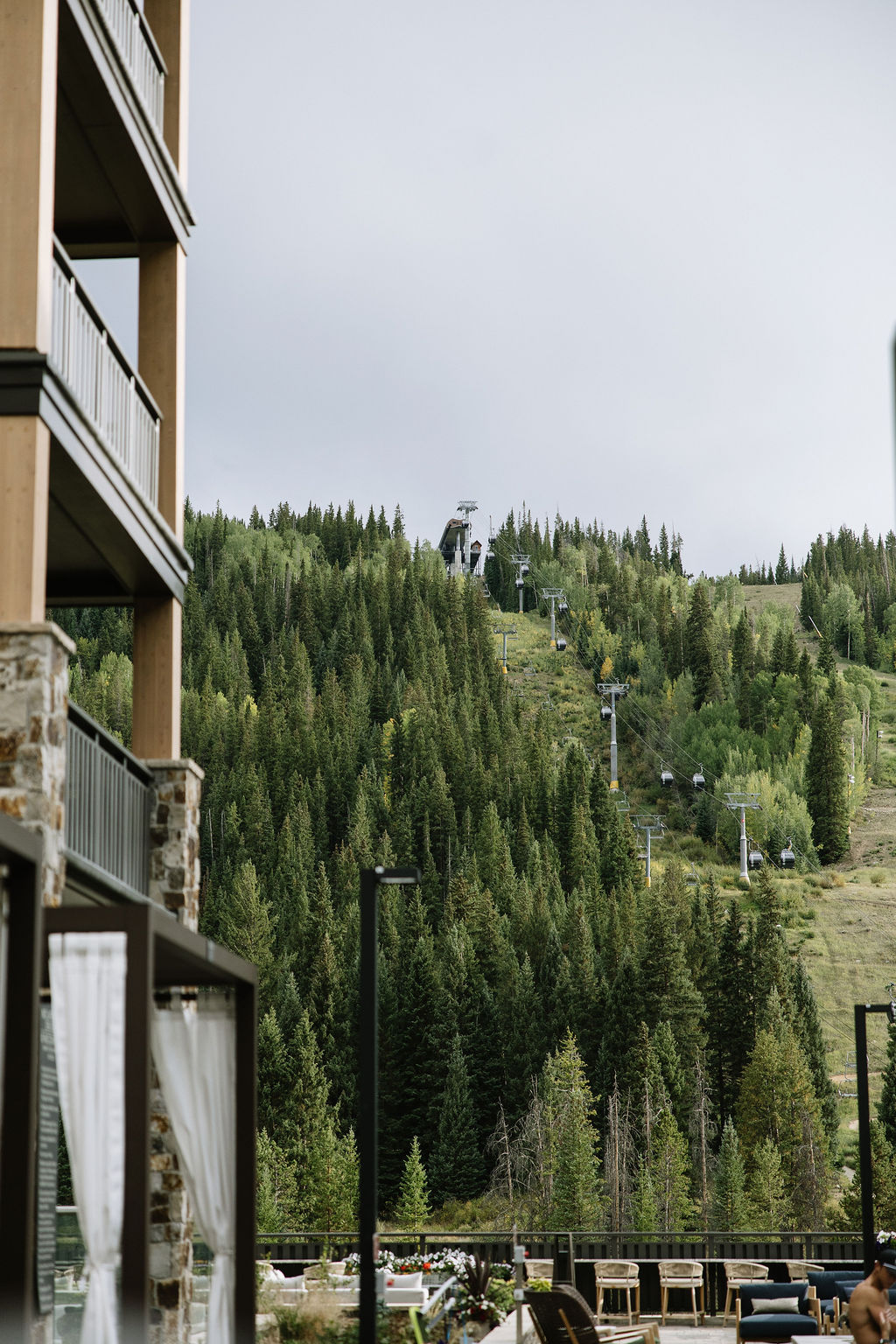 The view of the ski runs and gondola at keystone, from the Kindred Resort back patio.