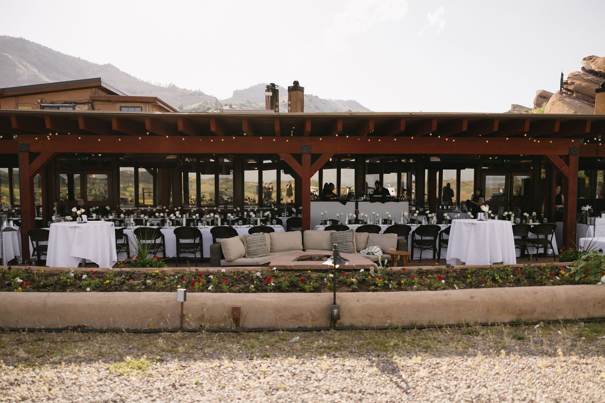 The outside patio at The Fort Restaurant in Morrison Colorado set up for a wedding reception
