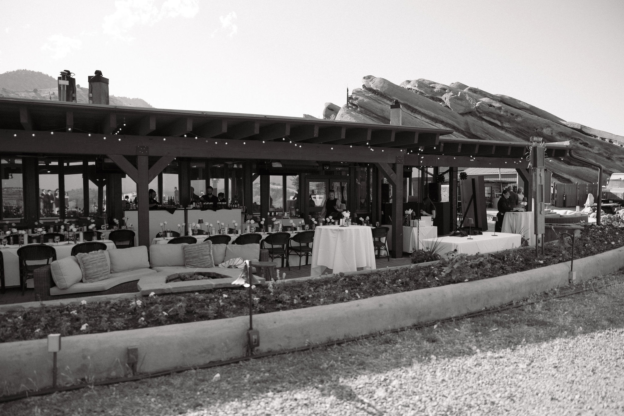 The outside patio at The Fort Restaurant in Morrison Colorado set up for a wedding reception